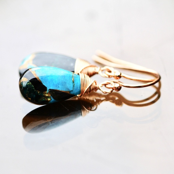 Natural Obsidian Copper Turquoise Earrings Handmade 14k Rose Gold Filled - Picture 7 of 12